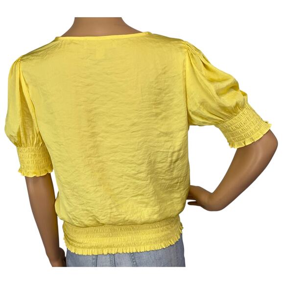 2/$15 Philosophy Satin Smocked Blouse Yellow V-Neck Short Sleeve Size S - Picture 5 of 11